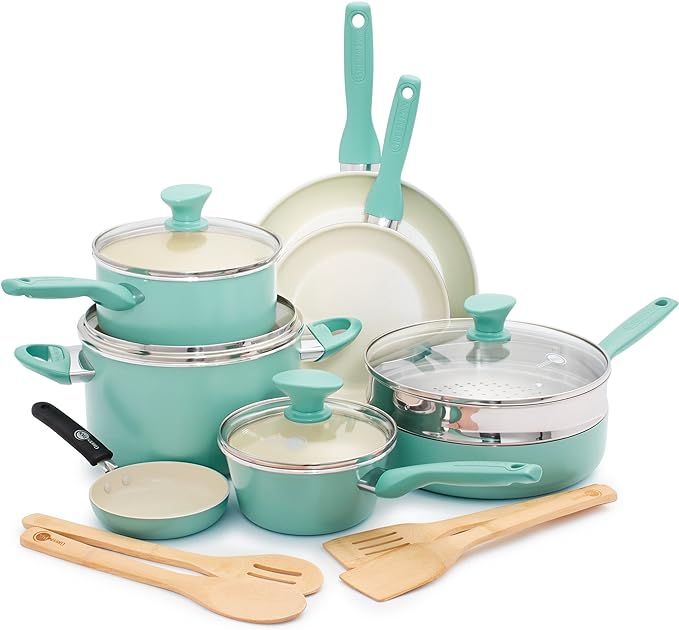 GreenPan Rio Healthy Ceramic Nonstick 16 Piece Cookware Pots and Pans Set, PFAS-Free, Dishwasher ... | Amazon (US)