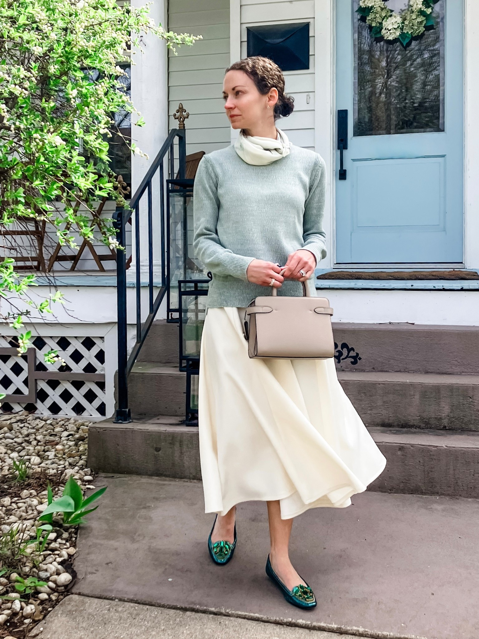 Spring church outfit!
Silk scarf is vintage, linking similar. 
Mint green sweater is old from Madewell, linking similar. 
Cream midi skirt from Chicwish. 
Leather handbag from Le Tanneur. 
Green jewel flats are vintage Prada, linking similar. 
Diamond stud earrings from Amazon. 
Eternity band ring from Amazon. 
Church outfit. Petite outfit. Spring outfit. Modest outfit. 

#LTKootd #LTKmomlife #LTKOver40