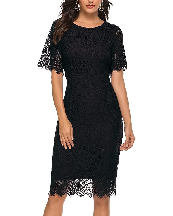 MEROKEETY Women's Short Sleeve Lace Floral Cocktail Dress Crew Neck Knee Length for Party | Amazon (US)