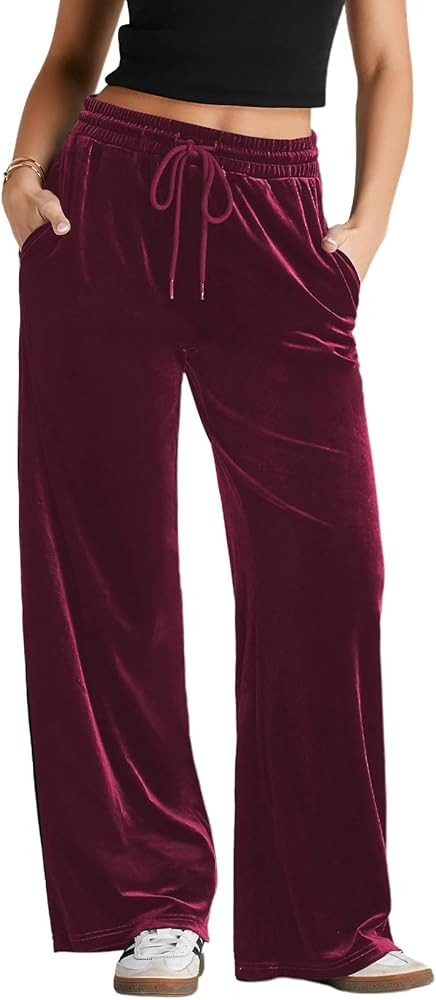 Herseas Women's Velvet Pants Drawstring Waist Wide Leg Casual Lounge Pant | Amazon (US)