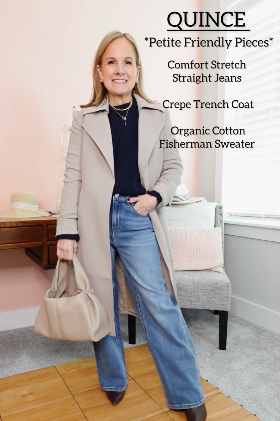 Petite Friendly options from Quince. I’m 5ft for reference.
Straight leg jeans size 25 and 28 inch inseam. Wearing with a heel
Stretch Crepe Trench size XS
Organic Cotton Fisherman Sweater XS

#LTKFindsUnder100 #LTKOver40 #LTKGiftGuide