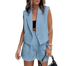 KIRUNDO Womens Summer Two Piece Sets Button Sleeveless Crop Vest Blazer and High Waisted Shorts S... | Amazon (US)