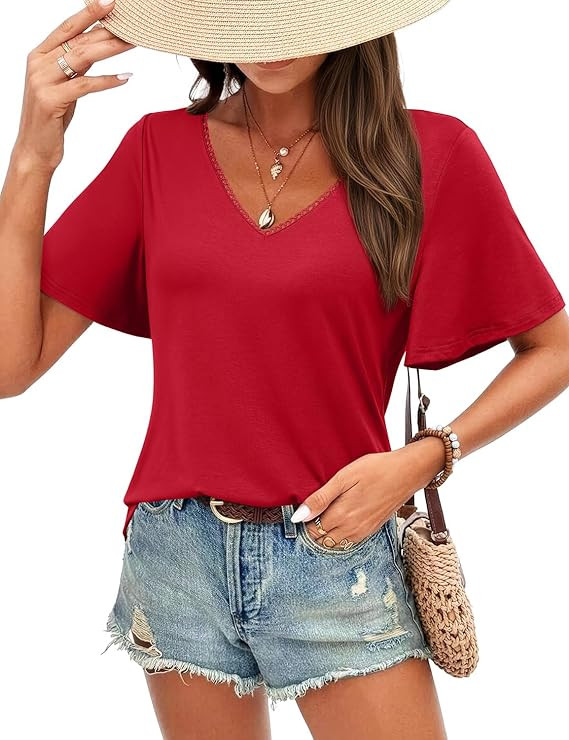 JUSTFASHIONNOW Ruffle Short Sleeve Tops for Women Summer Dressy Casual Tunic Blouses Lace V Neck ... | Amazon (US)