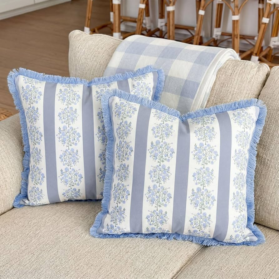 Frienda 2 Pcs Floral Block Print Pillow Cover 20" x 20" Soft Blue and Warm White Throw Pillow Cov... | Amazon (US)