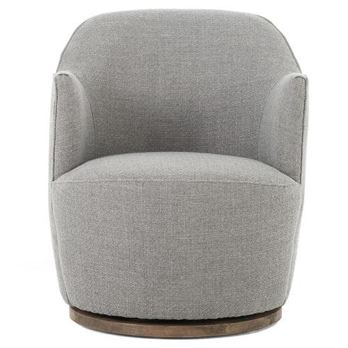 Samuel French Country Light Grey Performance Brown Wood Swivel Arm Chair | Kathy Kuo Home