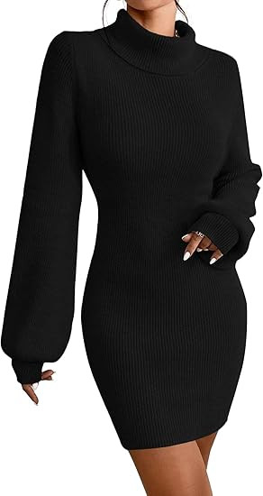 Turtleneck Sweater Dress for Women Lantern Sleeve Bodycon Pullover Mini Sweater Dress Stretchable... | Amazon (US)