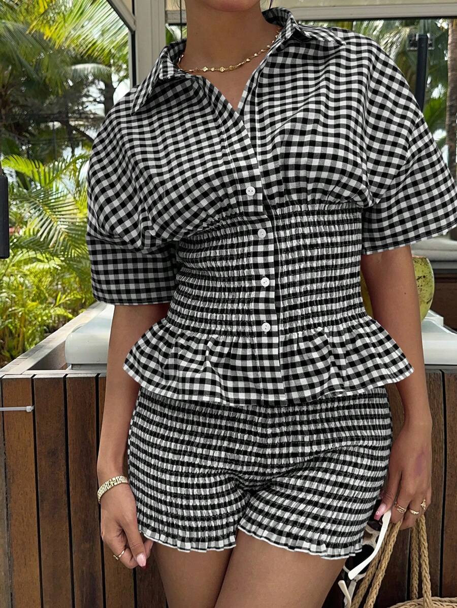 MainGRL 2pcs/Set Women Red Plaid Woven Ruched Waist Shirt & Shorts | SHEIN