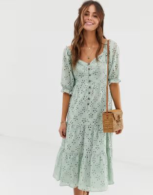 ASOS DESIGN button through tiered midi broderie dress | ASOS US