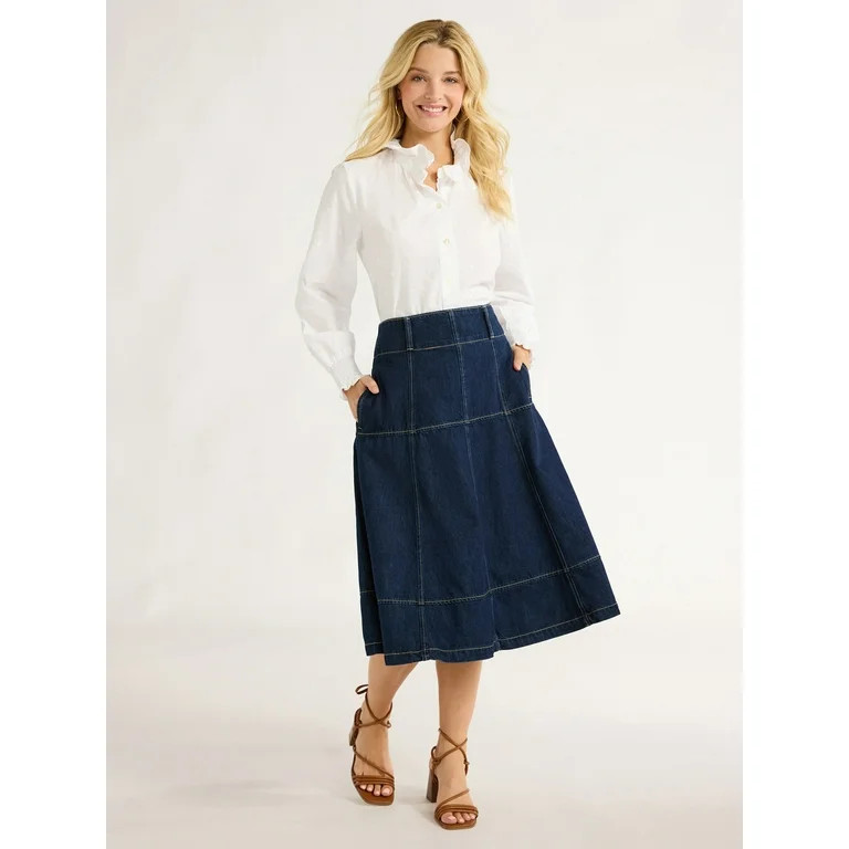 Free Assembly Women’s Flared Cotton Midi Skirt, Sizes 0-20 | Walmart (US)