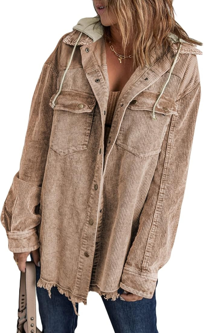 Sidefeel Women Corduroy Hooded Colorblock Long Sleeve Jacket Raw Hem Coat Outwear | Amazon (US)