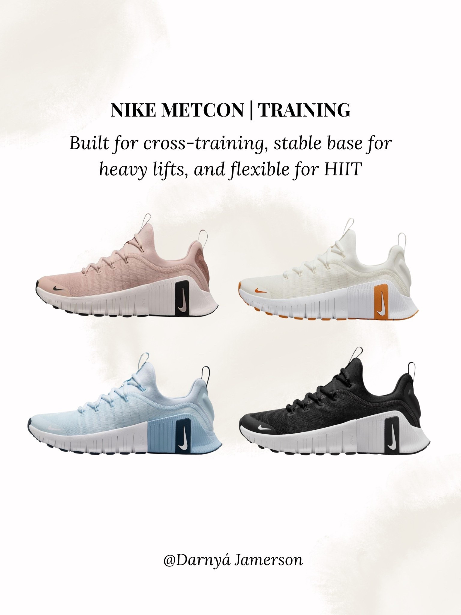 My go-to for HIIT + strength days! Stable base, breathable upper, and cute colorways.

cross training shoes, Nike training sneakers, HIIT sneakers, gym shoes women, Metcon workout

#LTKTravel #LTKActive #LTKStyleTip