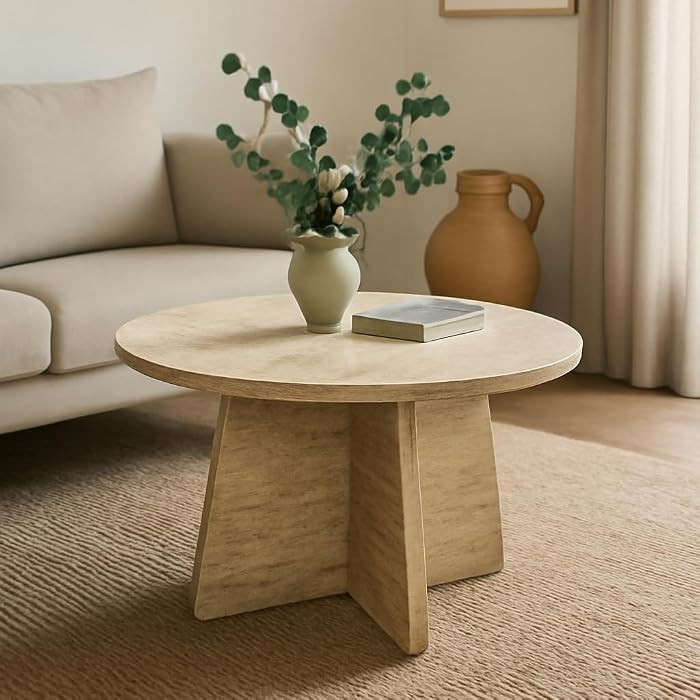 Travertine Efect 22.8 Inches Diameter Coffee Table Modern Side Table for Living Room Accent Table for Sofa or Bedroom (22.8x22.8x16.5 inches) | Amazon (US)