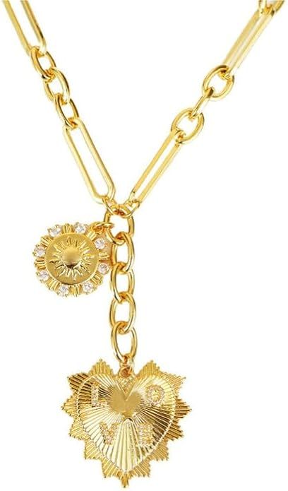 Heart Necklaces for Women, 18K Gold plated Sun Pendant Necklace Chunky Gold Heart Chain Aesthetic... | Amazon (US)