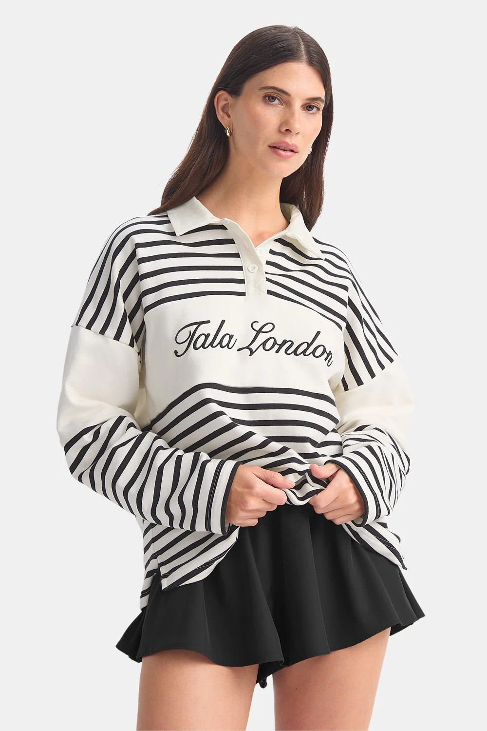 Rugby Polo Sweatshirt - Black / Ivory Stripe | TALA (UK)