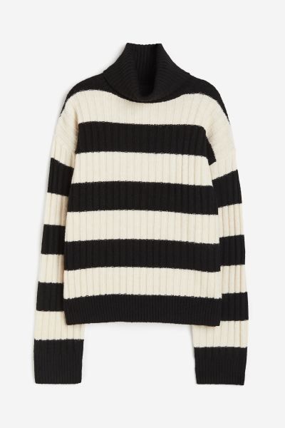 Rib-knit Turtleneck Sweater - Black/cream striped - Ladies | H&M US | H&M (US + CA)