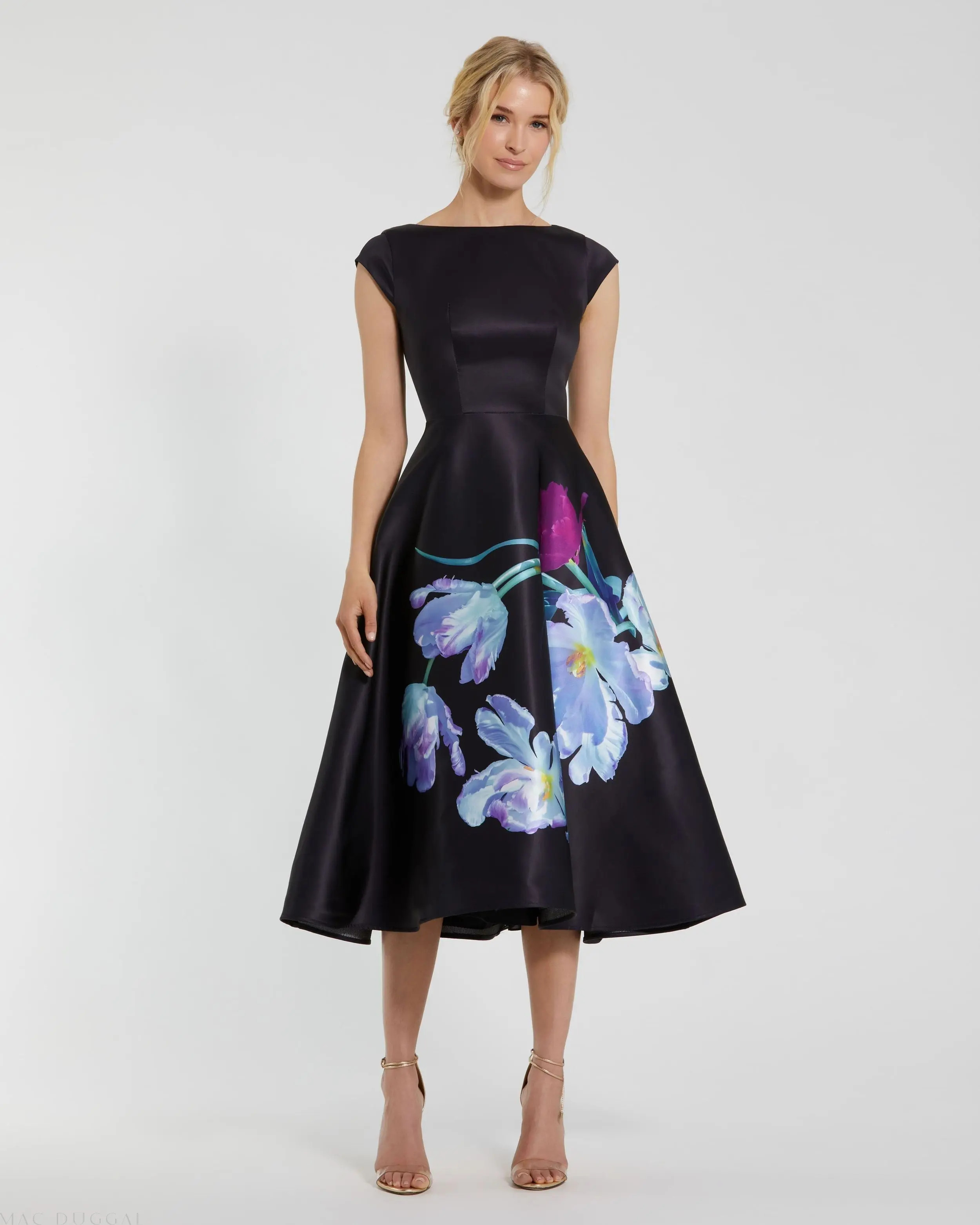 Black Satin Cap Sleeve Midi Dress With Floral Print | Mac Duggal