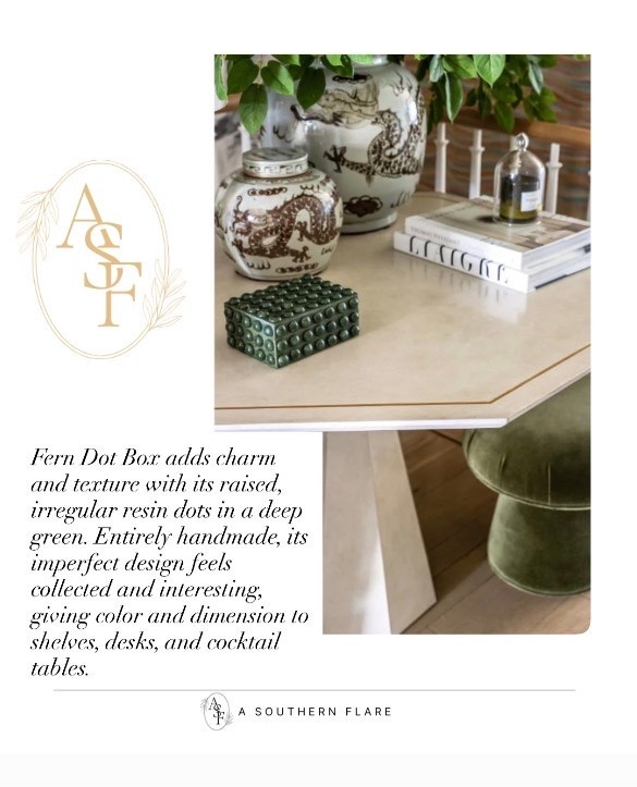 Fern Dot Box adds charm and texture with its raised, irregular resin dots in a deep green. Entirely handmade, its imperfect design feels collected and interesting, giving color and dimension to shelves, desks, and cocktail tables.