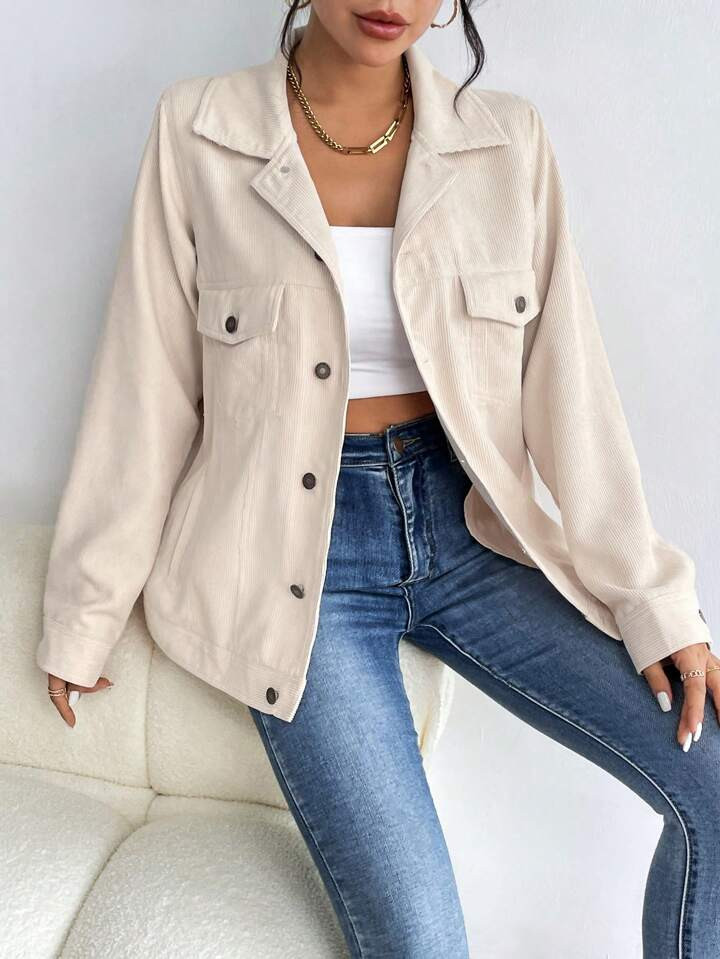SHEIN Essnce Flap Pocket Button Front Corduroy Jacket | SHEIN