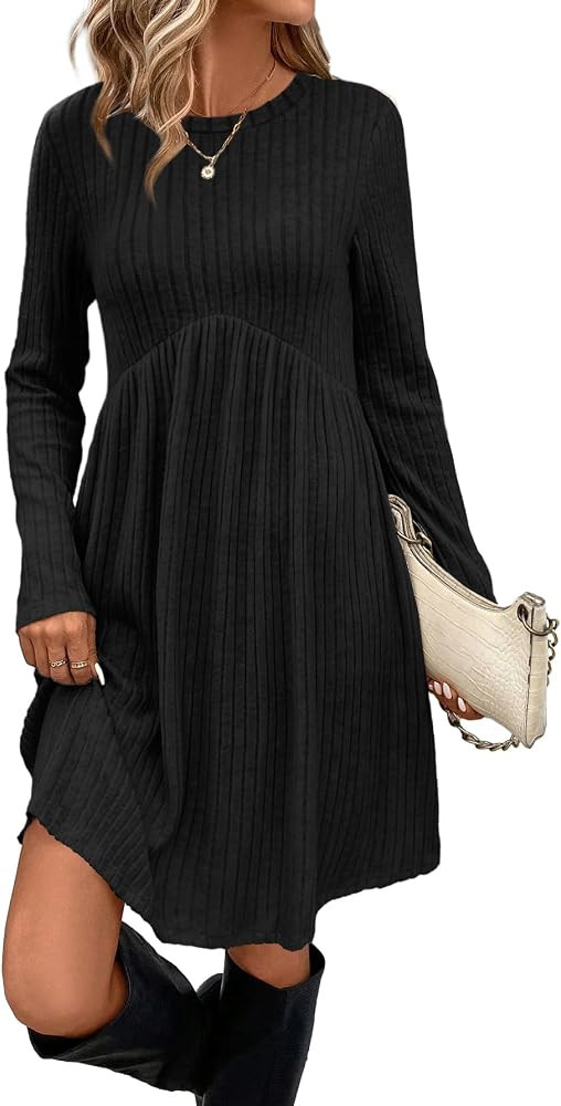 OFEEFAN Long Sleeve Dress for Women Crew Neck Empire Waist Tunic Dress with Pockets | Amazon (US)