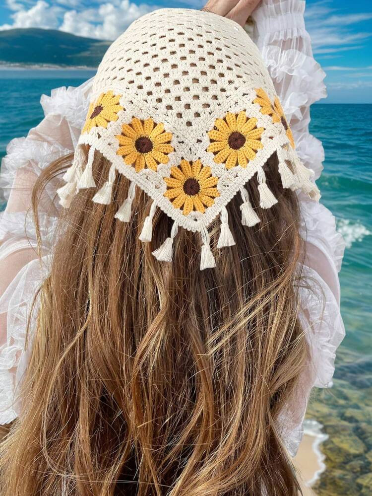 1pc Women Cream Floral Crochet Hollow Out Fringe Headband, Suitable For Everyday Wear, Sports, Be... | SHEIN