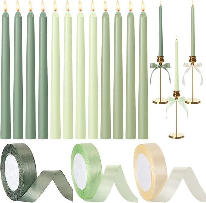 12 Pcs Sage Green Series Taper Candles with 3 Rolls of Ribbon 10 Inch Candle, Candlestick Decor f... | Amazon (US)
