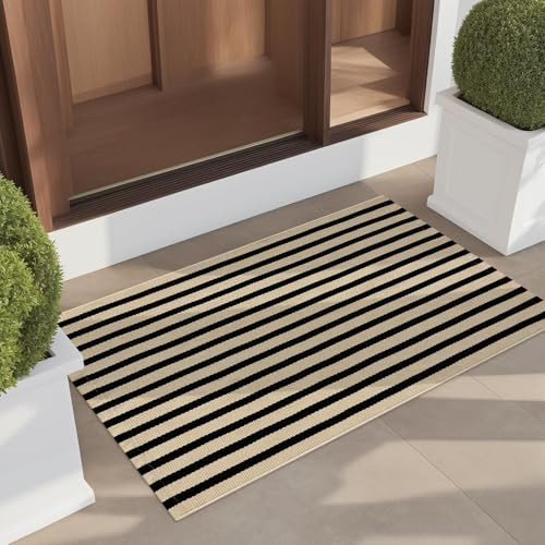 LEEVAN Outdoor Door Mat - 2'x3' Washable Welcome Mat, Woven Black and White Striped Entryway Rug for Farmhouse Front Porch and Outside Entrance | Amazon (US)