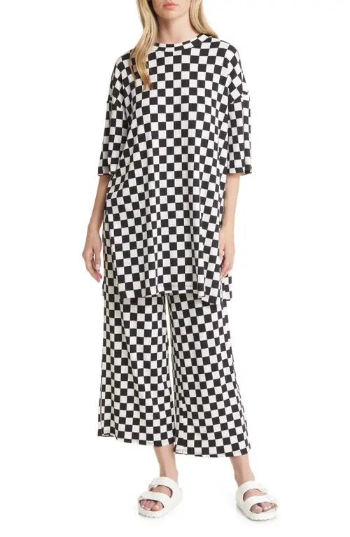 Dressed in Lala Lex Ribbed Oversize T-Shirt & High Waist Crop Pants Set in Black /White Check at Nordstrom, Size Xx-Large | Nordstrom