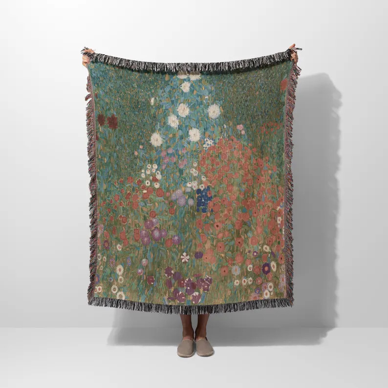 Gustav Klimt Flower Garden Woven Blanket, Floral Tapestry, Green Cotton Throw Blanket, Art Nouvea... | Etsy (Global)