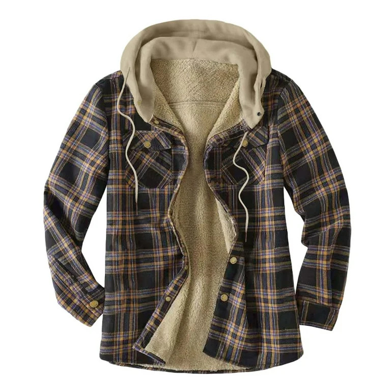 Mens Thermal Quilted Lined Flannel Shirts Jackets Hooded Button Down Long Sleeve Shirt Cozy Warm ... | Walmart (US)