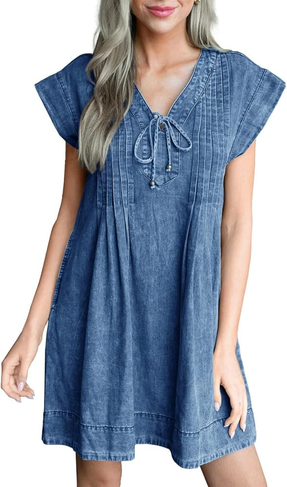 Wenrine Womens Denim Mini Dress Casual Summer Cap Sleeve Tie V Neck Loose Babydoll Jean Dresses | Amazon (US)
