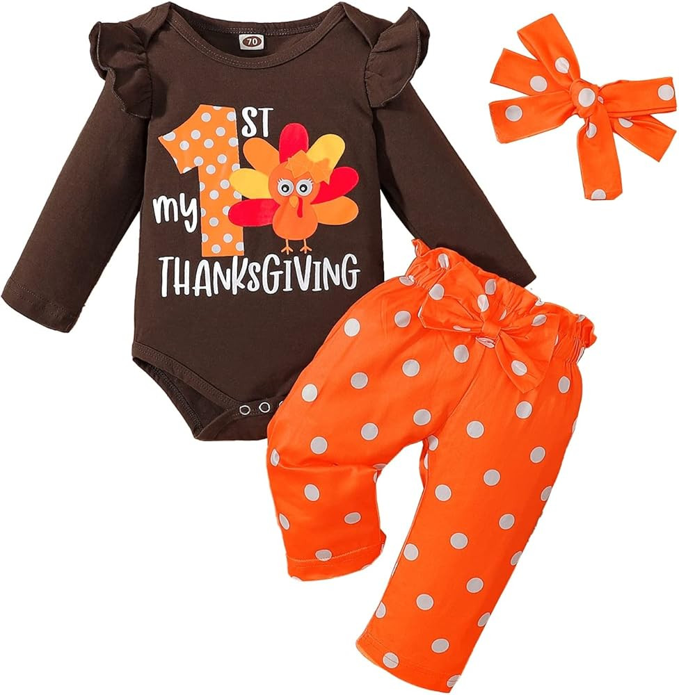 My First Thanksgiving Baby Girl Outfits 1st Thankgiving Gifts Turkey Romper Cute Polka Dot Bell B... | Amazon (US)