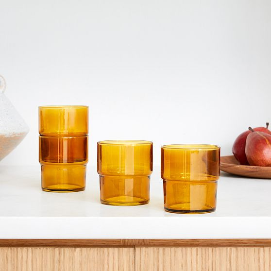 Essential Stacking Glassware, DOF, Glass, Amber, Set of 8 BOM | West Elm (US)