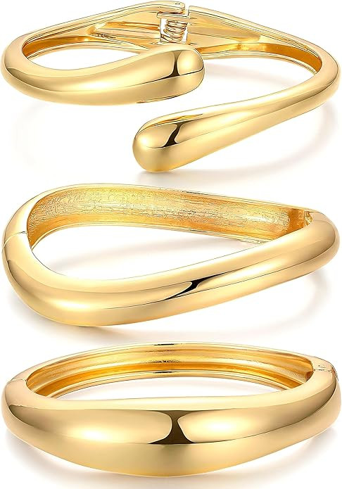 Chunky Bangle Bracelets for Women, Dainty 14k Gold Plated Big Stackable Bangles Set, Trendy State... | Amazon (US)