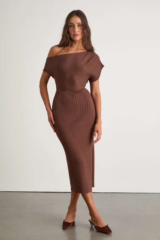 Brady Brown Ribbed Off-the-Shoulder Sweater Midi Dress | Lulus