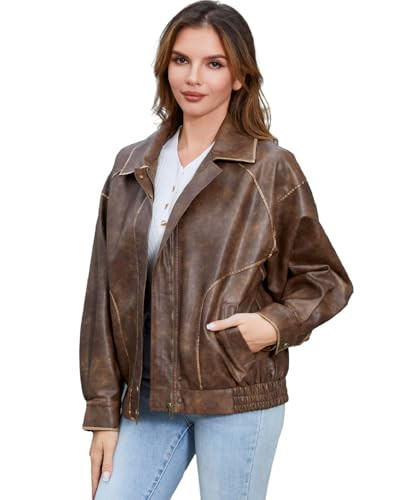 DIASHINY Faux Leather Jacket For Women Moto Biker Zip Up Motorcycle Loose Outwear Brown XL | Amazon (US)
