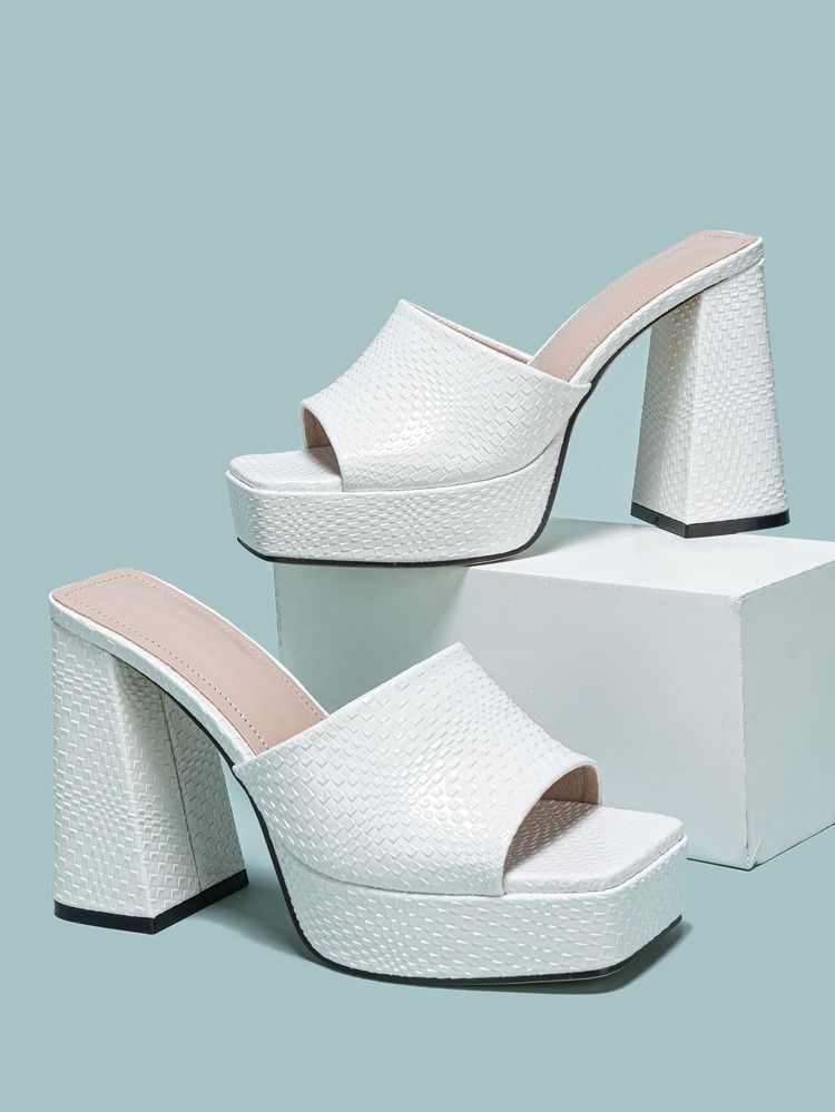 Women Checkered Embossed Platform Chunky Heeled Mule Sandals, Fashionable White Heeled Sandals | SHEIN