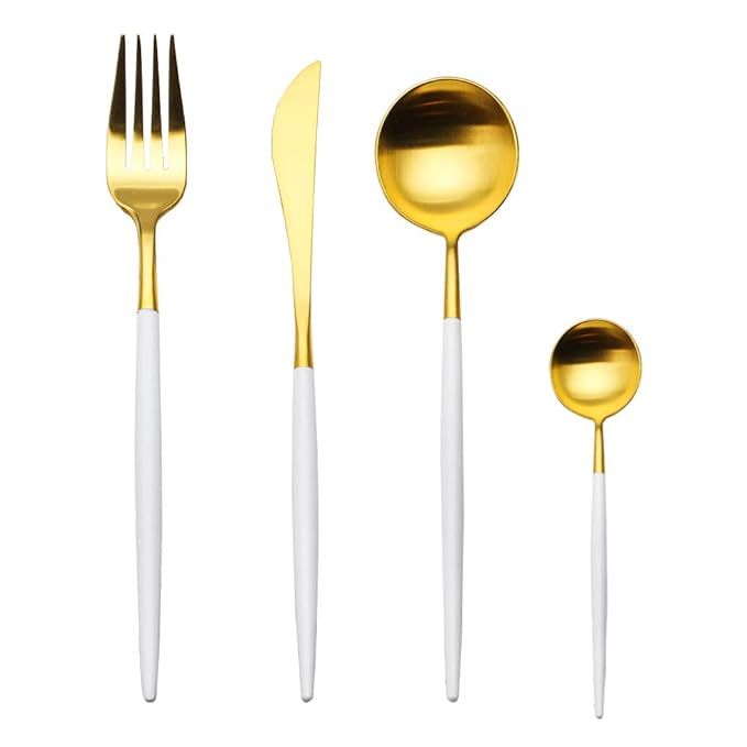 4-Piece Stainless Steel Flatware Set 1 Including Fork Spoons Knife Tableware (White+Golden) | Amazon (US)