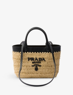 Logo-embroidered mini crochet and leather tote bag | Selfridges