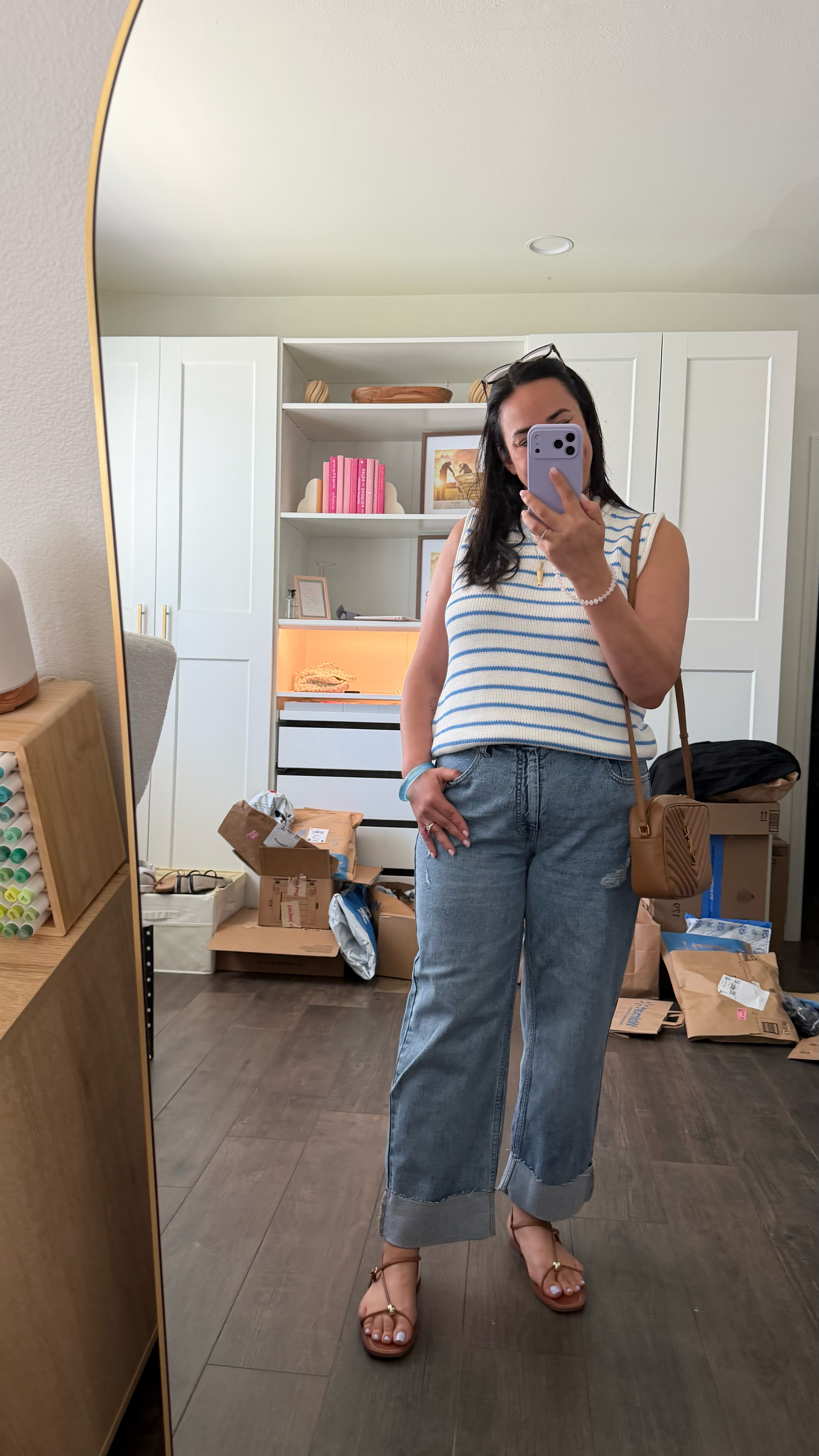 I wanted something casual, cute, and comfy to wear to my family's early dinner to celebrate my son's graduation. This Walmart sweater top is surprisingly thick and high-quality, and these jeans are so comfy. Added my favorite splurge sandals that I wear with everything, and a reliable YSL bag to finish the look. Also, trying out the "catch of the summer" fish jewelry trend... what do we think? 
casual, comfy, cute outfit idea, dinner date outfit, graduation dinner outfit, casual mom denim outfit, denim jeans, casual summer outfit idea 

 #LTKgrwm #LTKootd #LTKmomlife