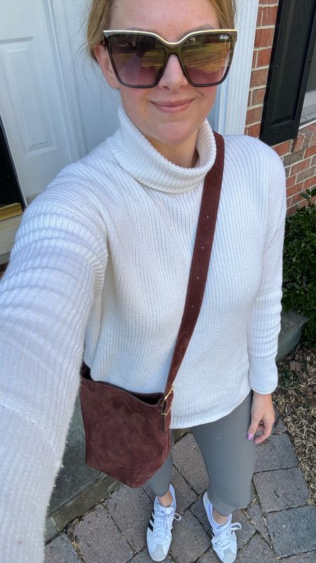 Casual outfit for a work from home and daycare run kind of day — white ribbed turtleneck sweater - tunic length & I sized down one. Comfy, stretchy leggings and favorite adidas sneakers.

Styled with my everyday crossbody bag - love the chocolate brown suede for winterr

Mom outfit 

#LTKstyletip #LTKfindsunder50 #LTKSeasonal