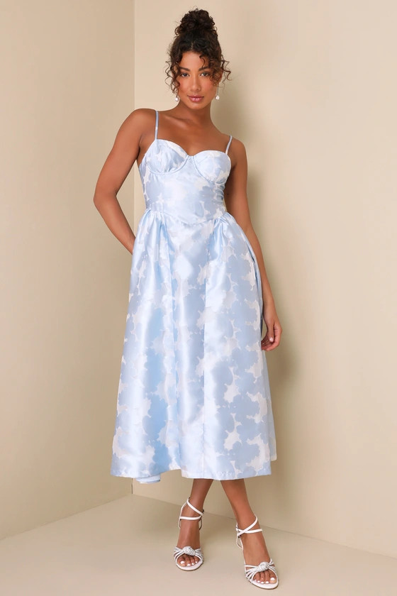 Gorgeous Destiny Light Blue Burnout Jacquard Bustier Midi Dress | Lulus