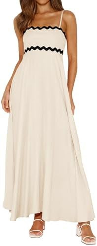 PRETTYGARDEN Women Spaghetti Strap Boho Maxi Dresses Flowy | Sleeveless Smocked Long Dress, Strip... | Amazon (US)