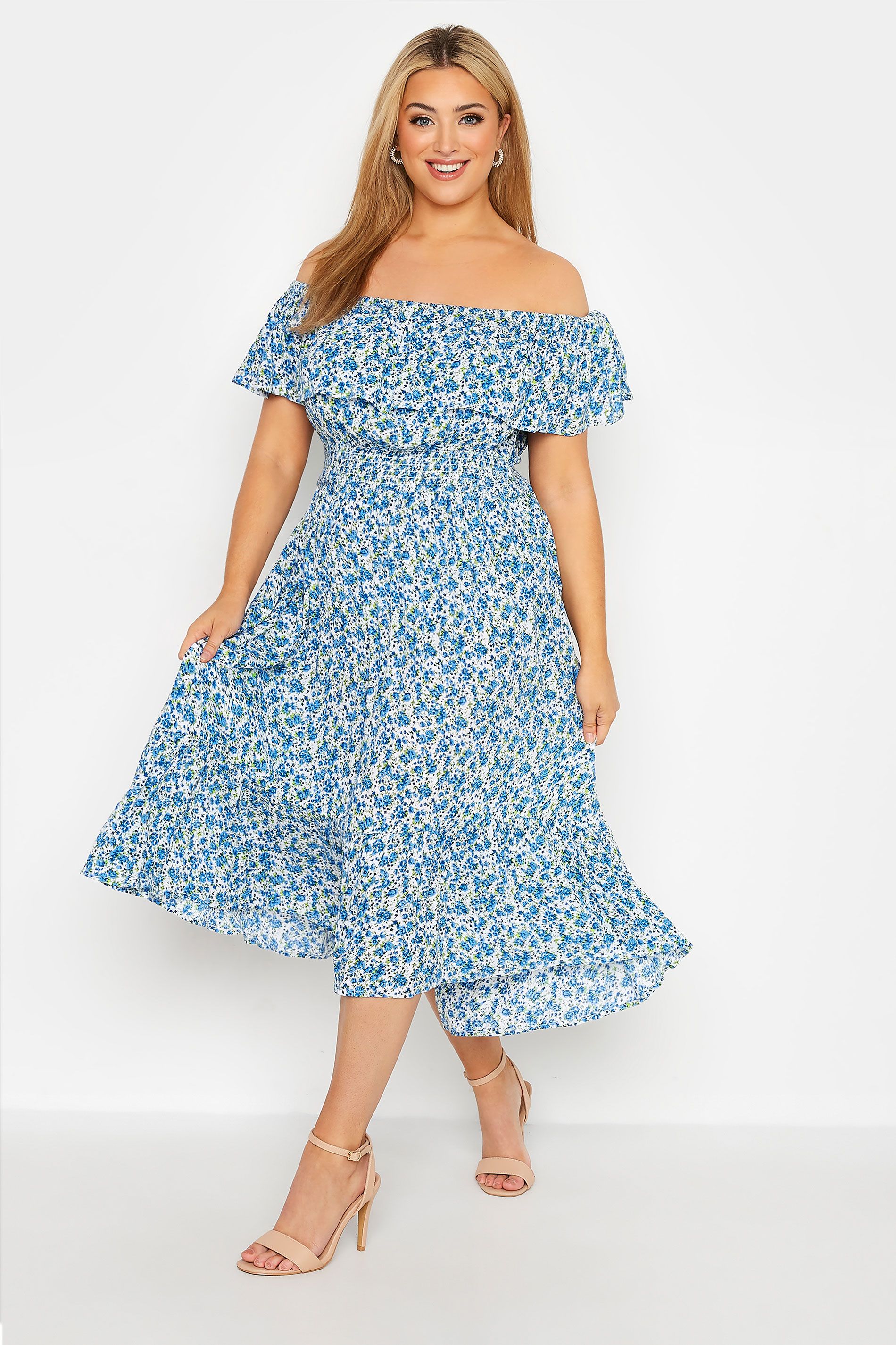 YOURS LONDON Plus Size Blue Ditsy Floral Print Bardot Dress | Yours Clothing UK
