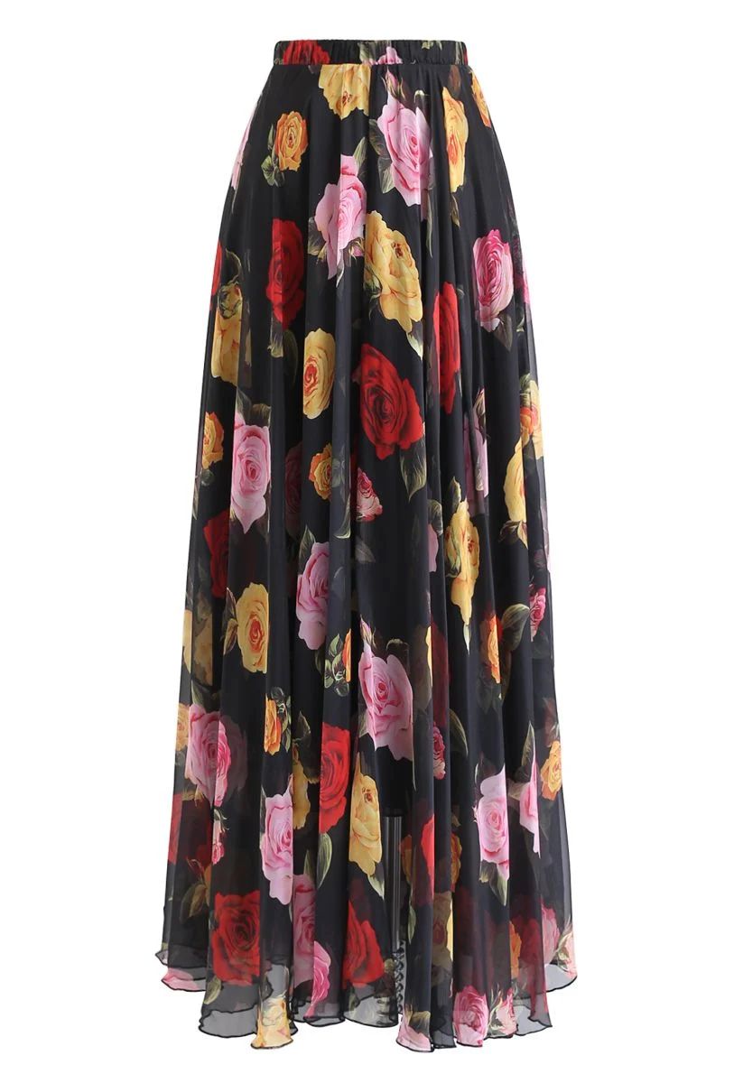 Blooming Rose Watercolor Maxi Skirt in Black | Chicwish