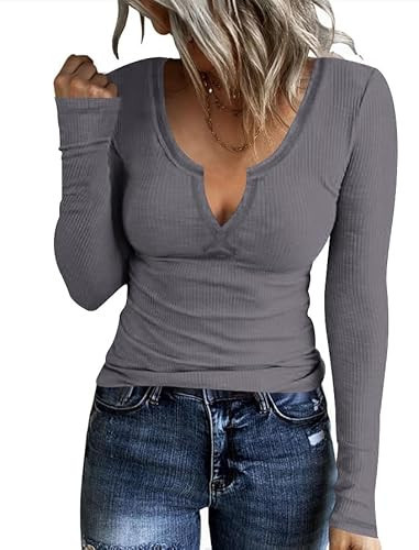 AKEWEI Long Sleeve Shirts For Women Womens Long Sleeve Tops Tops For Women Casual Fall Knit Top Fitted Long Sleeve Womens Casual Tops Shirts For Women Trendy Medium Gray L | Amazon (US)