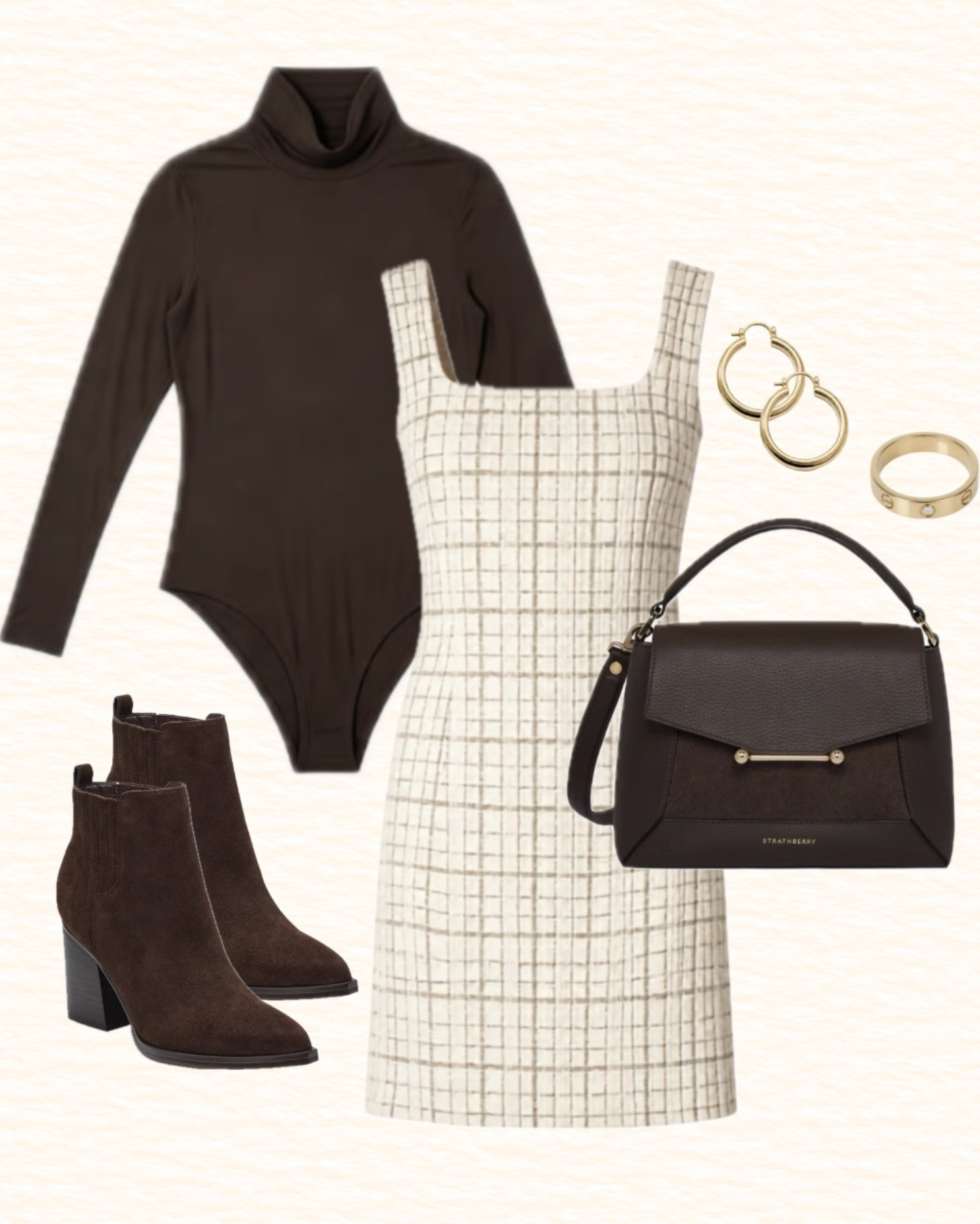 One of my favorite fall outfit formulas is a tweed mini dress, long sleeve shirt, booties, and a cute bag. This mosaic bag from strathberry is my favorite for fall 2026 and matches my suede brown booties so well. Paired with gold jewelry.

#LTKootd #LTKTravel #LTKSaleAlert