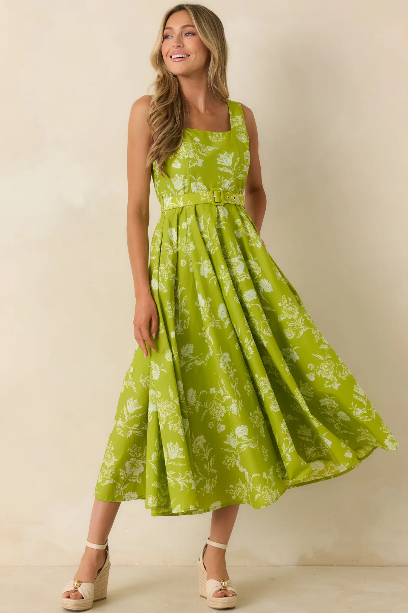 Fresh Air & Flowers Chartreuse Floral Cotton Midi Dress | Red Dress
