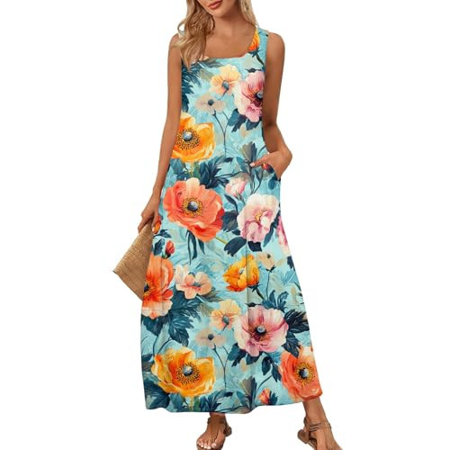 Sun Dresses for Women 2025 Summer Beach Maxi Dress Sleeveless Scoop Neck Loose Tank Dress with Pockets Orange Medium | Amazon (US)