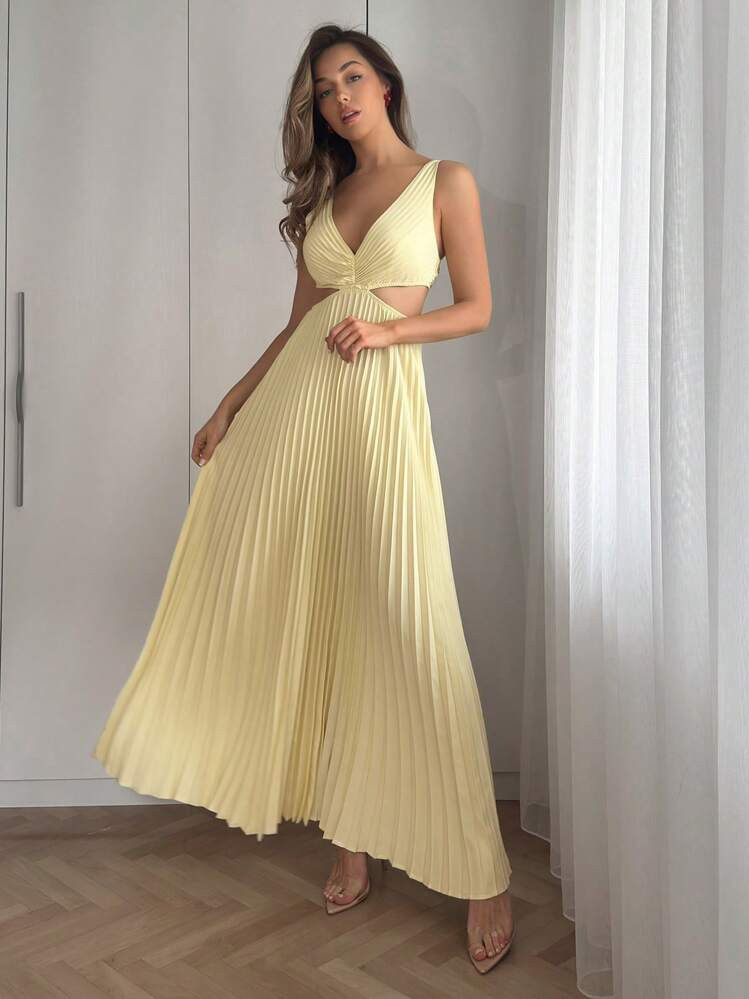 Firerie Spring/Summer New Arrival Elegant, Romantic, Sexy, Stylish And Fashionable Womenswear, Women's Yellow Color Long Dresses Modest, Beautiful Sunshine Pleats Details, Hollow Design On The Waist Part. Holiday/Festival Outfits For Women, Birthday Parties, Daily Fashion Wear, Vacation Wear, City Fashion, Fashion Shows, Back-To-School Fashion, And Suitable For Romantic Dating, Weddings, And Any Spring/Summer Fairy Core Events, Summer Dresses For Women, Butter Yellow Dress,Graduation Dresses | SHEIN