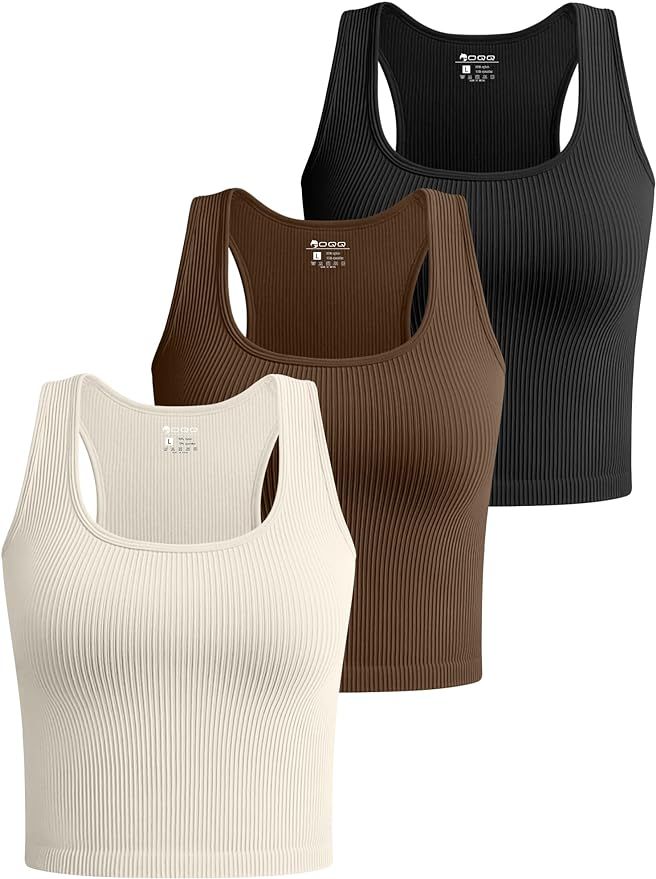 OQQ Women's 3 Piece Crop Tank Tops Ribbed Seamless Workout Sleeveless Shirts Racerback Crop Tops | Amazon (UK)